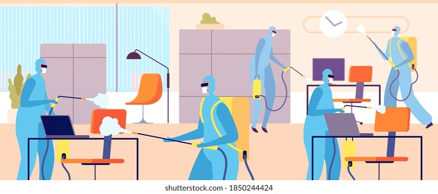 Disinfection concept. Cleaning team, professional house or office disinfect. Workers with sanitizer in protective suits utter vector concept