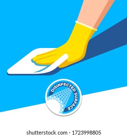 Disinfection Concept. Hand In Glove Wipes The Surface With A Rag. Vector Illustration.