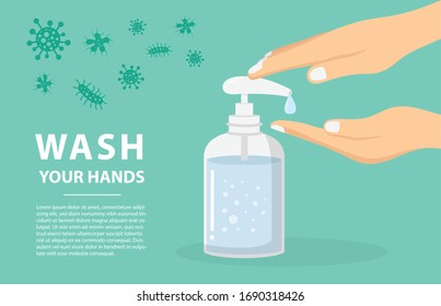 Disinfection concept. Hands using hand sanitizer gel pump dispenser vector illustration. COVID-19 or coronavirus protection concept. wash your hands.