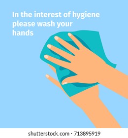 Disinfection Concept. Hands And Wet Wipe On Blue Background, Vector Illustration