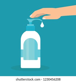 Disinfection concept. Liquid soap with pumping from bottle. Applying a moisturizing sanitizer. Man washing hands.