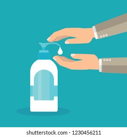 Disinfection concept. Liquid soap with pumping from bottle. Applying a moisturizing sanitizer. Man washing hands.