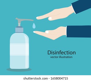 Disinfection concept. Liquid soap with pumping from bottle. Applying a moisturizing sanitizer. Man washing hands