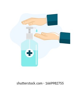 Disinfection concept. Liquid soap with pumping from bottle. Applying a moisturizing sanitizer. Man washing hands. Vector illustration flat design. Isolated on whit background. Place for text, template