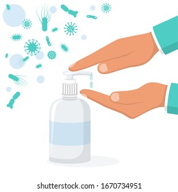 Disinfection concept. Liquid soap with pumping from bottle. Applying a moisturizing sanitizer. Man washing hands. Vector illustration flat design. Isolated on blue background. Place for text, template