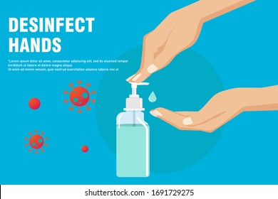 Disinfection concept. Liquid soap with pumping from bottle. Applying a moisturizing sanitizer. Woman washing hands vector illustration.