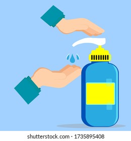 Disinfection concept. Liquid soap with pumping from bottle. Applying a moisturizing sanitizer. Man washing hands Raster version