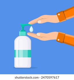 Disinfection concept. Liquid soap with pumping from bottle. Applying a moisturizing sanitizer. Man washing hands