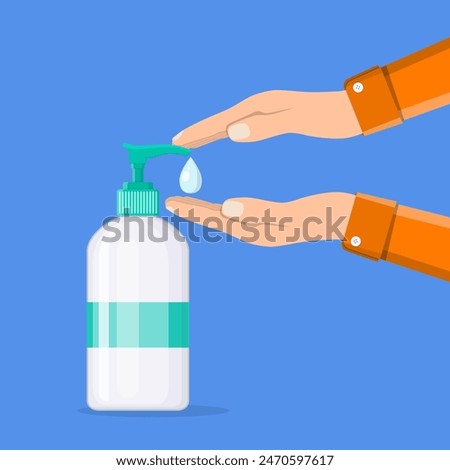 Disinfection concept. Liquid soap with pumping from bottle. Applying a moisturizing sanitizer. Man washing hands