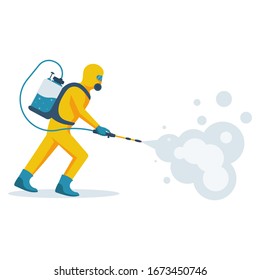 Disinfection concept. Man in yellow protective hazmat suit. Prevention coronavirus. Vector illustration flat design. Radiation and danger. Epidemic precautions.
