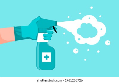 Vector de concepto de desinfección para app, web, página de inicio. Humano en guantes sosteniendo una botella de spray antiséptico. Se muestra el frasco de sanitizador manual, el gel antiséptico. Líquidos distintivos para EPI.
