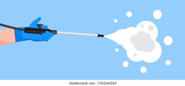 Disinfection concept vector for app, web, landing page. Human in gloves holding pipe of antiseptic spray. Coronavirus prevention are shown. Distinctive liquids for PPE.