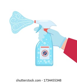 Disinfection concept vector. Coronavirus and infection prevention. Cleaning surfaces and sanitize. Hand in a medical glove holding an antibacterial and alcohol based cleaner.