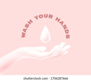 Disinfection concept. Woman hand silhouette with liquid soap drop above. Applying a moisturizing sanitizer. Washing hands concept. Isolated on pink background. Vector illustration