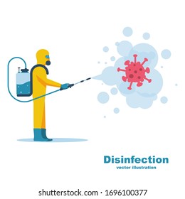 Disinfection concept. Worker in chemical hazmat suit protection and equipment. Coronavirus covid-19. Spraying antibacterial. Biological precaution. Vector flat design. Isolated on white background.