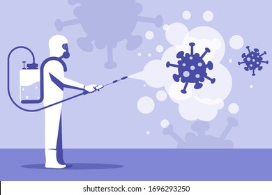 Desinfección coronavirus covid-19. Trabajador en protección y equipo para el traje de niebla química. Rociar antibacteriano. Precaución biológica. Diseño plano vectorial. Aislado sobre fondo blanco.