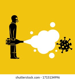 Disinfection coronavirus covid-19. Worker in chemical hazmat suit protection and equipment. Spraying antibacterial. Biological precaution. Vector flat design. Isolated on background.