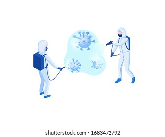 Disinfection of Coronavirus to prevent 2019-nCoV contamination, man in hazmat suit and protective face mask spraying disinfectant on virus particles, isometric vector 3d illustration