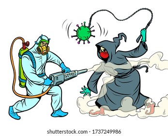 disinfection of coronavirus, a specialist destroys death. Comics caricature pop art retro illustration drawing