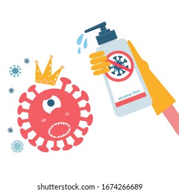 Disinfection coronavirus. Stop 2019-nCoV. Hand in glove kills a virus bacterium character with sanitizer bottle. Disinfectant solution. Vector childish cartoon illustration . Prevention epidemic