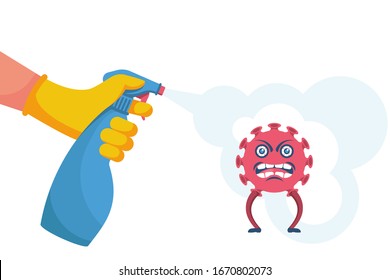Desinfektion des Coronavirus. Stopp 2019-nCoV. Ein Mensch mit Handschuhen, der sprüht, tötet ein Virusbakterium. Desinfektionslösung. Vektorillustration Illustration Cartoon Design. Einzeln auf weißem Hintergrund. Prävention.