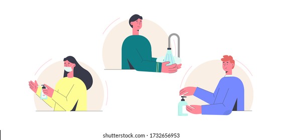 Disinfection coronovirus. Proper hand treatment girl in mask guy puts disinfecting gel his hands teenager thoroughly washes his hands soap, prevention elimination of coronovirus vector infection.