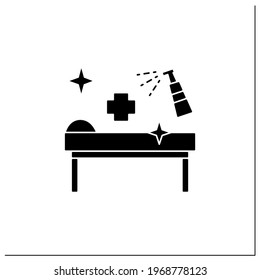 Disinfection in cosmetology clinics glyph icon. Sanitizing instruments and beds. Safety space and preventative measures.Filled flat sign. Isolated silhouette vector illustration