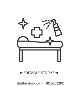 Disinfection in cosmetology clinics line icon. Sanitizing instruments and beds. Safety space and preventative measures. Preventing virus spread concept. Isolated vector illustration. Editable stroke