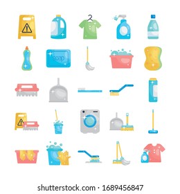 disinfection elements and cleaning brushes icon set over white background, flat style, vector illustration