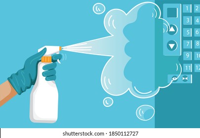 Disinfection at elevator push button handles.Hands hold bottle of antiseptic spray antibacterial.Gloves of hands coronavirus protection, bacterial.Iillustration for landing page coronavirus protection