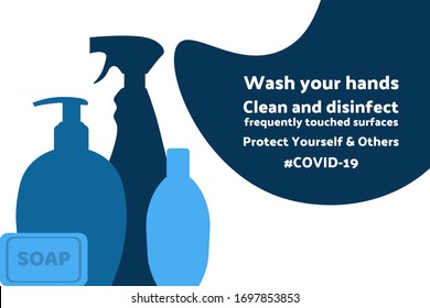 Disinfection equipment. COVID-19 coronavirus prevention. Template for background, banner, poster with text inscription. Vector EPS10 illustration.