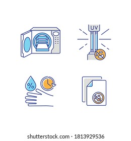 Disinfection equipment RGB color icons set. UV lamp, autoclave and antibacterial wipes. Sanitation tools, professional disinfectants. Isolated vector illustrations svg