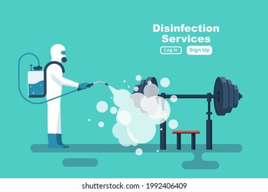 Disinfection Gym. Cleaning Fitness Center. Prevention Of Covid 2019. Specialist In Hazmat Suit Disinfecting Coronavirus. Vector Illustration Flat Design. Isolated Background. Disinfection Of Workplace