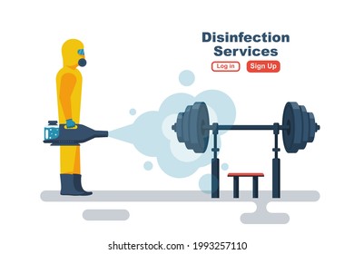 Disinfection Gym. Cleaning Fitness Center. Prevention Of Covid 2019. Specialist In Hazmat Suit Disinfecting Coronavirus. Vector Illustration Flat Design. Isolated Background. Disinfection Of Workplace