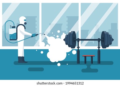 Disinfection Gym. Cleaning Fitness Center. Prevention Of Covid 2019. Specialist In Hazmat Suit Disinfecting Coronavirus. Vector Illustration Flat Design. Isolated Background. Disinfection Of Workplace