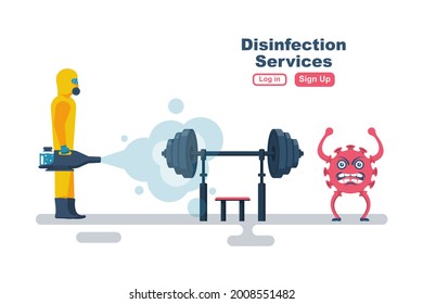 Disinfection gym. Cleaning fitness center. Prevention of covid 2019. Specialist in hazmat suit disinfecting coronavirus. Vector illustration flat design. Isolated background. Disinfection of workplace