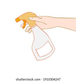Disinfection, hand holding spray bottle - hand drawn vector illustration isolated on white. Flat color design.