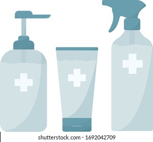 Disinfection Hand hygiene Hand sanitizer bottle set,hand sanitizer, wet cleaning spray,liquid soap, vector illustration.Hand wash gel symbol. Hand sanitizer pump bottle, washing gel, alcohol gel.