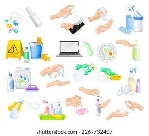 Disinfection and Hand Hygiene with Sanitizer Spray Bottles and Detergent Vector Set