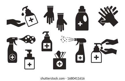 Disinfection. Hand hygiene. Set of hand sanitizer bottles, washing gel, spray, wet wipes, liquid soap, rubber gloves, napkins. Black icons. Vector illustration