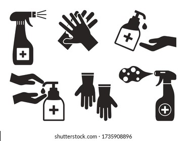 Disinfection. Hand hygiene. Set of hand sanitizer bottles, washing gel, spray, liquid soap, rubber gloves. Black icons. PPE personal protective equipment. Vector illustration
