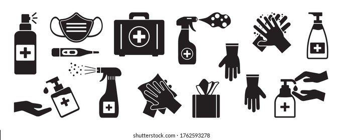Disinfection. Hand hygiene. Set of hand sanitizer bottles, washing gel, spray, liquid soap, wipes, first aid kit, rubber gloves, thermometer. Black icons. PPE personal protective equipment. Vector