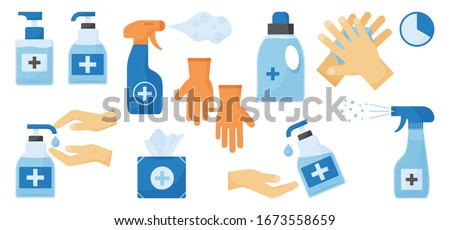 Disinfection. Hand hygiene. Set of hand sanitizer bottles, washing gel, spray, wet wipes, liquid soap, rubber gloves, napkins. PPE personal protective equipment. Vector illustration