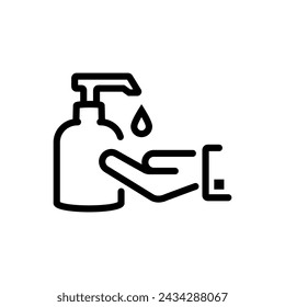 Disinfection hand, line icon. Liquid soap with pumping from bottle. Applying a moisturizing sanitizer. Man washing hands. Vector illustration flat design. Isolated on blue background. 