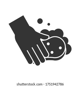 disinfection, hand with sponge cleaning, coronavirus prevention sanitizer products silhouette style icon vector illustration