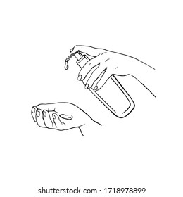 Disinfection of hands. Hand-drawn vector illustration . alcohol gel bottle for cleaning and disinfection. Hand press disinfectant. Vector illustration