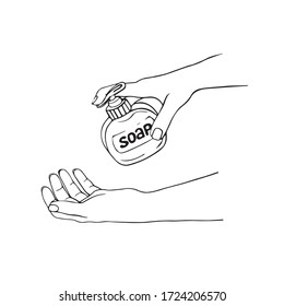 Disinfection of hands. Hand-drawn vector illustration .A bottle of soap for cleaning and disinfection. Hand press disinfectant. Vector illustration