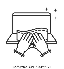 disinfection, hands paper cleaning the computer, disinfecting products for coronavirus prevention line style icon vector illustration