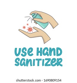 Disinfection hands. Use hand sanitizers. Alcohol rub sanitizers kill most bacteria, fungi and stop some viruses such as coronavirus. sanitation concept banner bottle. Vector. Flat style.
