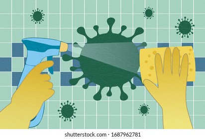 Disinfection of home from coronavirus, MERS-Cov. Hands in gloves with spray and sponge wash wall tiles. Spraying of disinfectant solution. Sanitary cleaning during quarantine, isolation period.